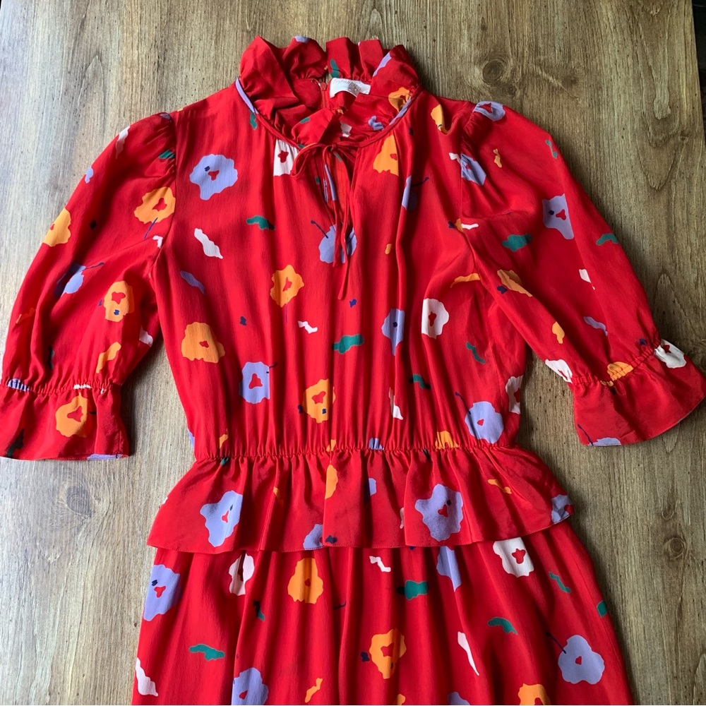 Vintage 70s 80s PHILIPPE DEVILLE Paris Dress Red Floral Peplum Print Spring